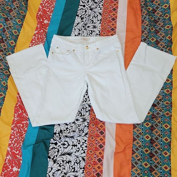 Tory Burch Classic Tory Boot Bootcut White Stretch Jeans Gold Hardware Size 28 - Picture 1 of 7